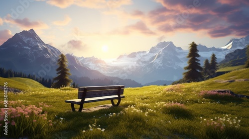 bench in alpine meadow; Old wooden bench with landscape beautiful mountain morning