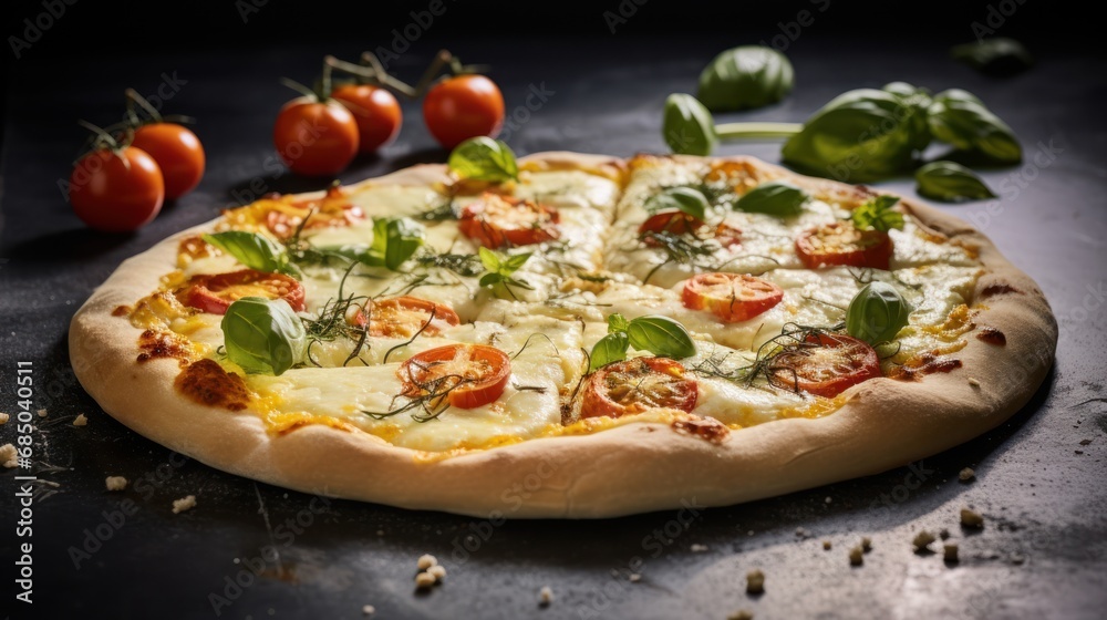 Italian pizza four cheeses with stretching cheese and basil 