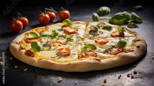 Italian pizza four cheeses with stretching cheese and basil 