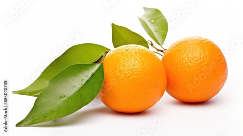 photograph of Orange fruit and leaves on white background,F