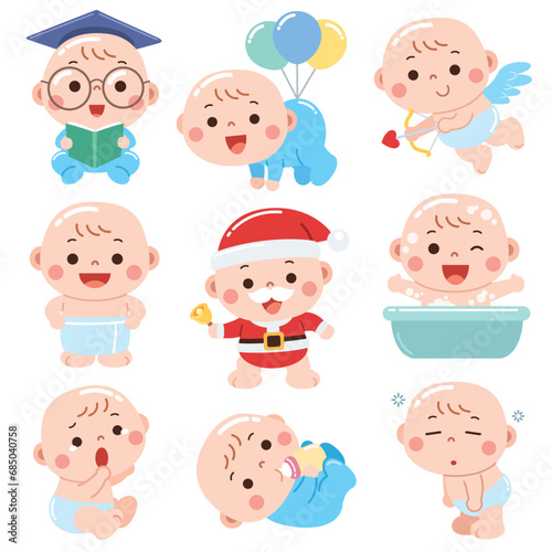 A delightful cartoon-style illustration featuring babies in different adorable outfits and playful situations.