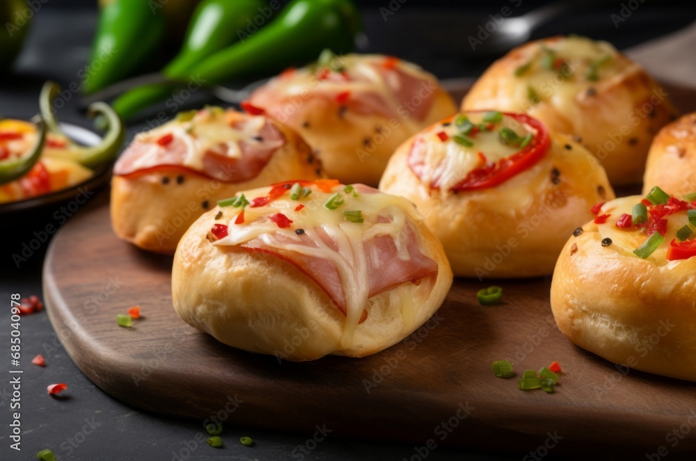 Mini pizza buns with salami and melted mozzarella. Serving Italian traditional small pizzas breads. Generate ai