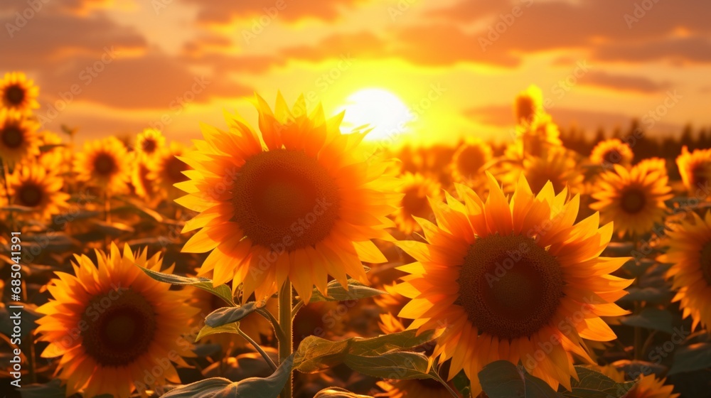 Sunflowers basking in the warm glow of the setting sun.