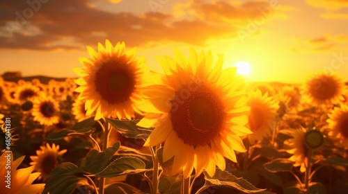 Sunflowers basking in the warm glow of the setting sun.