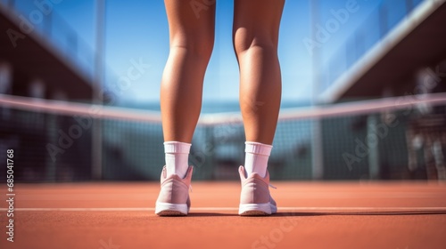 Tennis player woman legs close-up on outdoors tennis court 