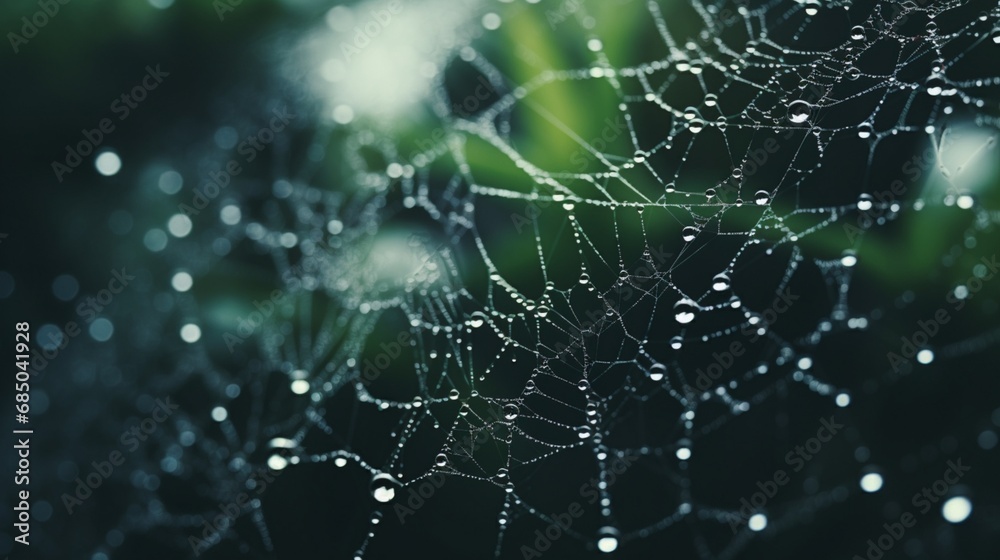A 4K close-up of dew-covered spiderwebs in a garden