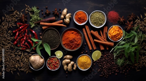 Top view Herbs and spices on dark background 