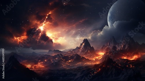 fiery fantasy: mystical planet, glowing stars, nebulae, and falling asteroids in cosmic landscape - digital artwork with astrology magic and massive clouds