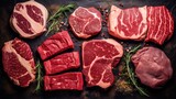 Top view Variety of raw cuts of meat, dry aged beef steaks and hamburger patties, copy space