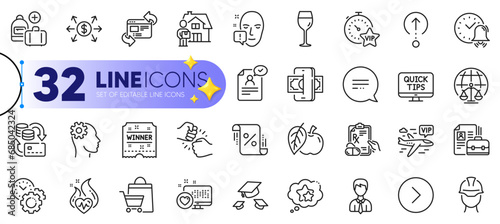 Outline set of Forward, Add handbag and Wine glass line icons for web with Resume document, Delivery man, Money change thin icon. Face attention, Engineering, Magistrates court pictogram icon. Vector