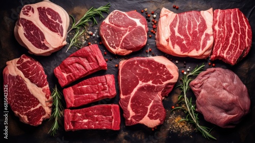 Top view Variety of raw cuts of meat, dry aged beef steaks and hamburger patties, copy space photo