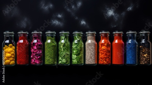 Top view Various colorful fresh raw ingredients and already blended mix in a bottles Rough black background 