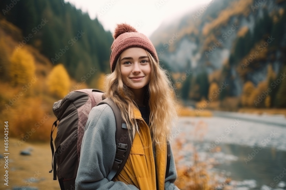 gen z woman travels through the mountains of wild nature. AI Generated gen z woman travels through the mountains of wild nature. AI Generated