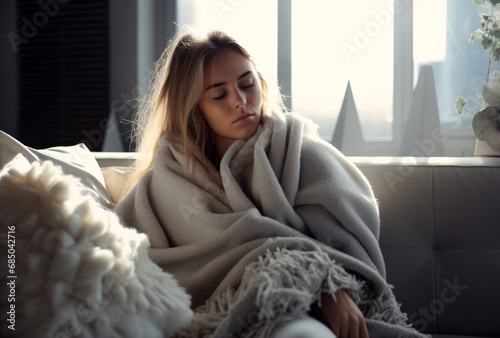 Woman with blanket in winter recovering from cold, being warm at home photo