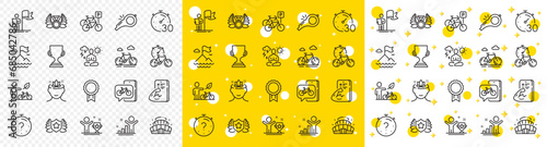 Outline Eco bike, Timer and Winner line icons pack for web with Mountain flag, Laureate medal, Leadership line icon. Arena stadium, Bike, Bicycle parking pictogram icon. Yoga mind. Vector