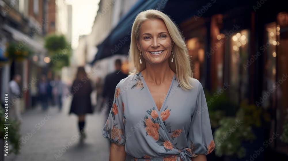 Blonde woman 50 years old with beautiful smile walk on street. Portrait Modern mature successful woman