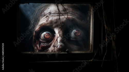 Evil dead monster looking through window, horror in eyes. Scary monster is trying to get into house