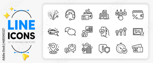 Consulting, Cardio training and Upload photo line icons set for app include Shield, Budget accounting, Boarding pass outline thin icon. Pin, Shopping bags, Search car pictogram icon. Vector