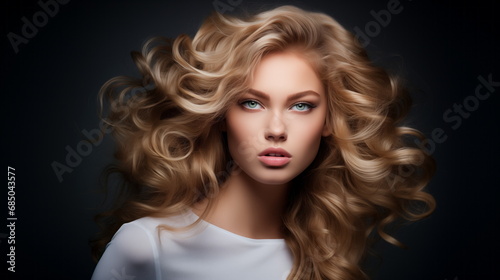 Perfect hair styling woman, beauty portrait curly hair, hairstyle, natural cosmetics