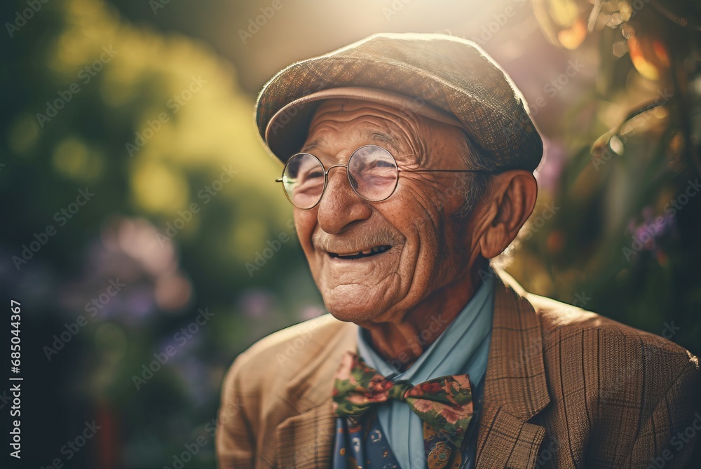 Photo of pleased senior man at sunny day. Face male portrait person day. Generate Ai