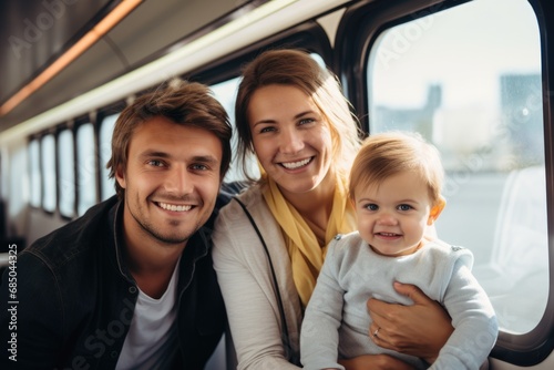 happy family of parents and child travel by train. AI Generated