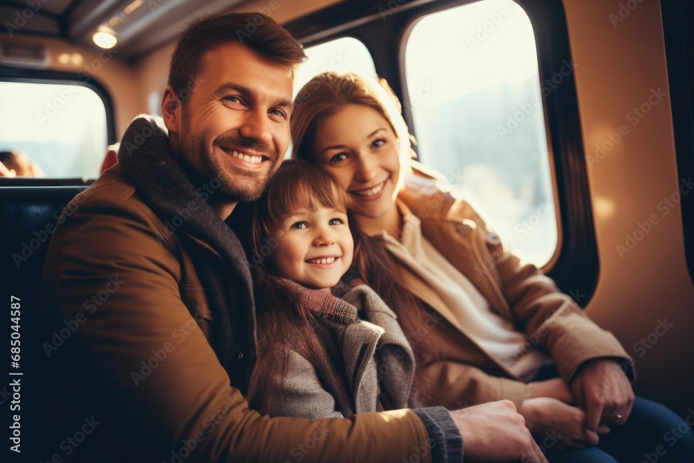 happy family of parents and child travel by train. AI Generated