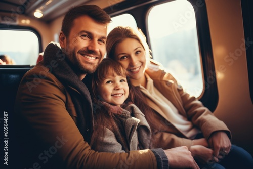 happy family of parents and child travel by train. AI Generated © dark_blade