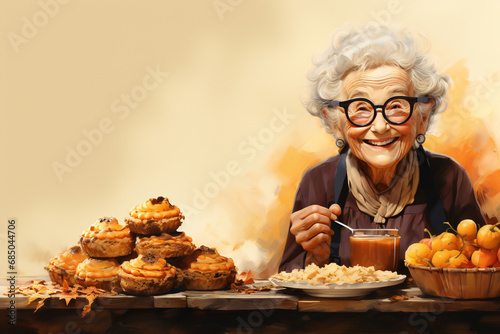 Grandmother old lady holding a pumpkin pie, copyspace, wide banner, fall autumn season, Thanksgiving holiday