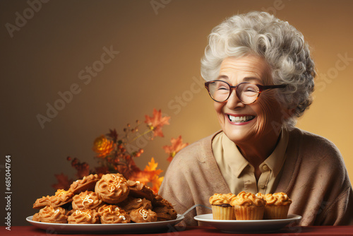 Grandmother old lady holding a pumpkin pie  copyspace  wide banner  fall autumn season  Thanksgiving holiday