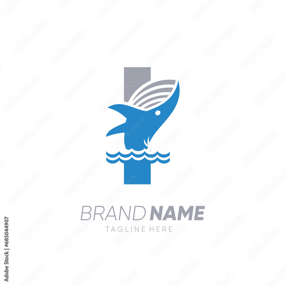 Initial Letter I Whale Jumping in the Water Logo Design Vector Icon Graphic Emblem Illustration