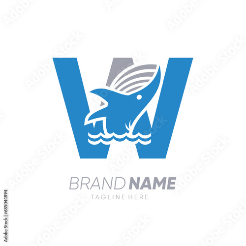 Initial Letter W Whale Jumping in the Water Logo Design Vector Icon Graphic Emblem Illustration