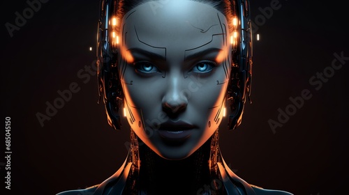futuristic female android  ai concept with neural system on dark background