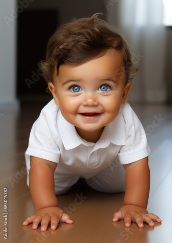 cute little baby with big clear eyes on all fours on floor in the room, child, kid, childhood, early development, European, portrait, face, emotion, smile, close-up, nursery, kindergarten, home, shirt