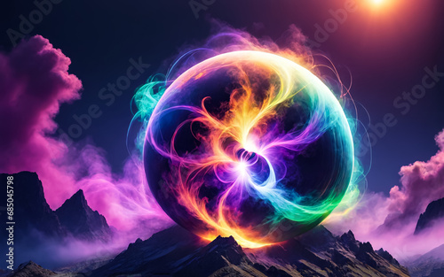 Multicolored neon ball with smoke. Dark background. Space view. AI