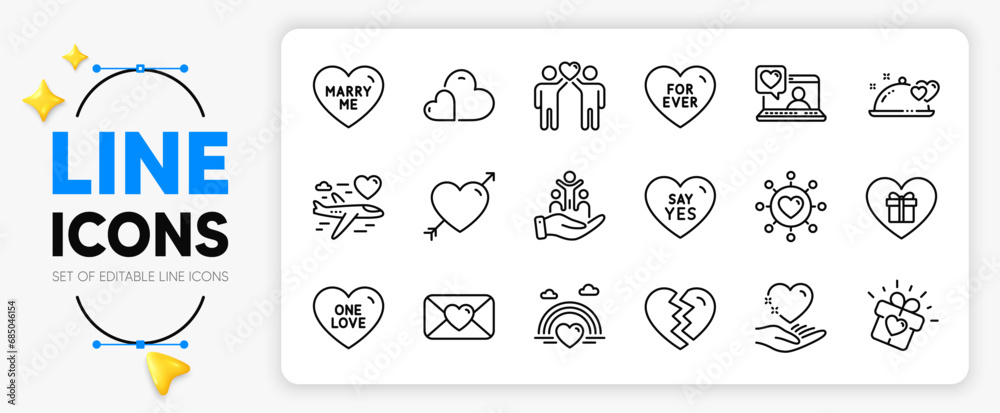 Say yes, Love and Romantic gift line icons set for app include Inclusion, One love, Lgbt outline thin icon. Care, Valentine, Friends couple pictogram icon. Honeymoon travel, Break up, For ever. Vector