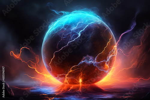 Multicolored neon ball with smoke. Dark background. Space view. AI