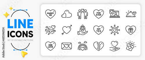 Say yes, Love and Romantic gift line icons set for app include Inclusion, One love, Lgbt outline thin icon. Care, Valentine, Friends couple pictogram icon. Honeymoon travel, Break up, For ever. Vector
