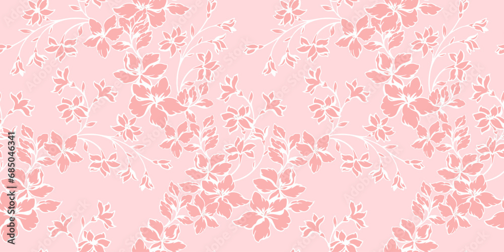Beautiful seamless pattern of a wild blooming flowers. Floral tapestry. Silhouettes flowers on a light pink, beige background. Vector hand drawn sketch shadow flowers. Beautiful seamless pattern of a wild blooming flowers. Floral tapestry. Silhouettes flowers on a light pink, beige background. Vector hand drawn sketch shadow flowers.