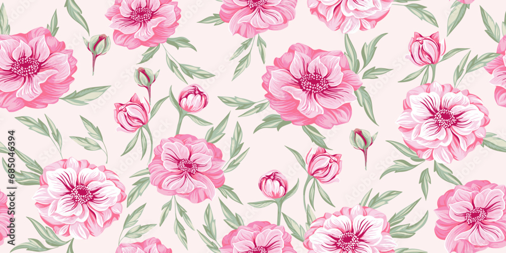 custom made wallpaper toronto digitalArtistic spring pastel pink floral and leaves seamless pattern. Vector hand drawn Ranunculus, Trollius Asiaticus flower, Globe flower. Template for design, textile, fashion, print, wallpaper