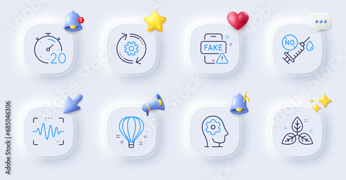 Air balloon, Timer and Fake news line icons. Buttons with 3d bell, chat speech, cursor. Pack of Cogwheel, Fair trade, Coronavirus vaccine icon. Brain working, Voice wave pictogram. Vector