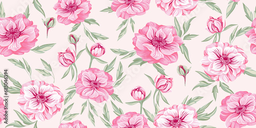 Artistic spring pastel pink floral and leaves seamless pattern. Vector hand drawn Ranunculus, Trollius Asiaticus flower, Globe flower. Template for design, textile, fashion, print, wallpaper