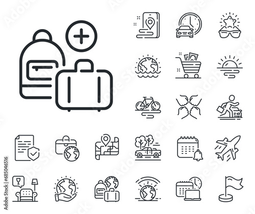 Add travel bag sign. Plane jet, travel map and baggage claim outline icons. Hand baggage line icon. Handbag luggage symbol. Add handbag line sign. Car rental, taxi transport icon. Vector