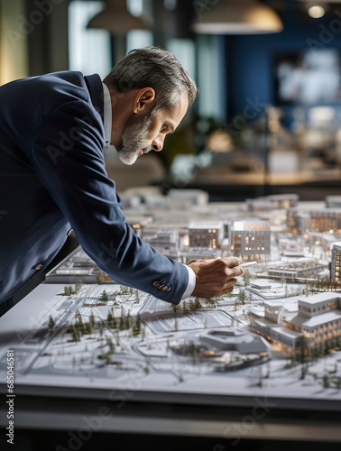 Architect working on building model in architecture office. Civil engineer and architecture design concept.