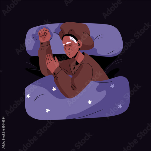 Gray black woman in sleep cap rests top view. Sleepy granny relaxes at night. Old people dream on pillow, asleep senior lady lying in bed. Sleeper in pajamas nap. Flat isolated vector illustration