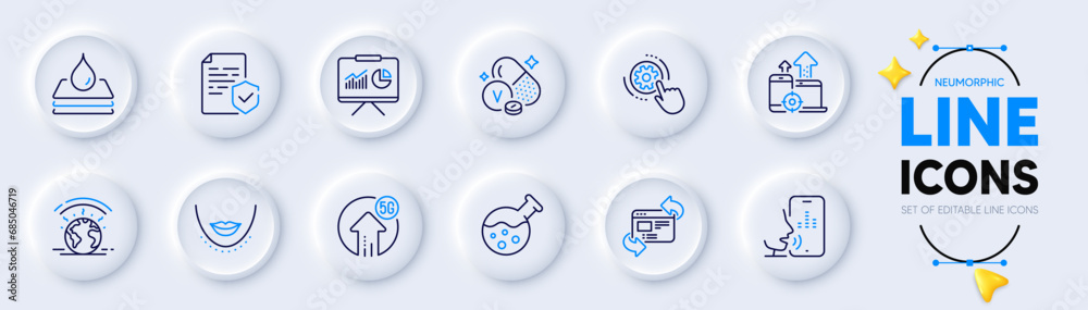 Presentation, Chemistry lab and Refresh website line icons for web app. Pack of Vanadium mineral, Waterproof, Cogwheel settings pictogram icons. Chin, Certificate, Voicemail signs. Vector Presentation, Chemistry lab and Refresh website line icons for web app. Pack of Vanadium mineral, Waterproof, Cogwheel settings pictogram icons. Chin, Certificate, Voicemail signs. Vector