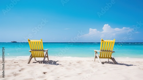 Two deck chairs for sunbathing on the beach, sunny beach view, clear sky. blue sky and white clouds photo