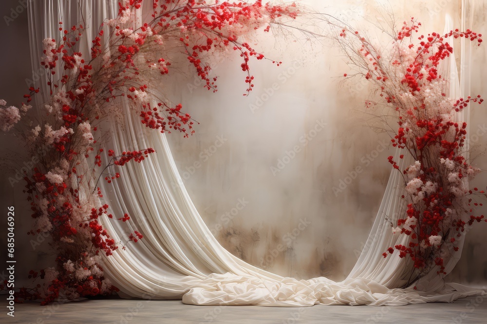 Maternity backdrop, Wedding backdrop, photography background, maternity props, Light hoop weaved with red flowers, white flowers, elegant wall background, flowing white satin drapes, backdrop,  - obrazy, fototapety, plakaty 