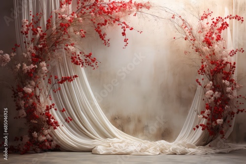 Maternity backdrop, Wedding backdrop, photography background, maternity props, Light hoop weaved with red flowers, white flowers, elegant wall background, flowing white satin drapes, backdrop, 