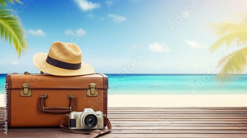 Fototapeta Naklejka Na Ścianę i Meble -  Summer vacation travel design concept. Vintage suitcase, hipster hat, on wooden deck. background Tropical sea, beach and palm trees.