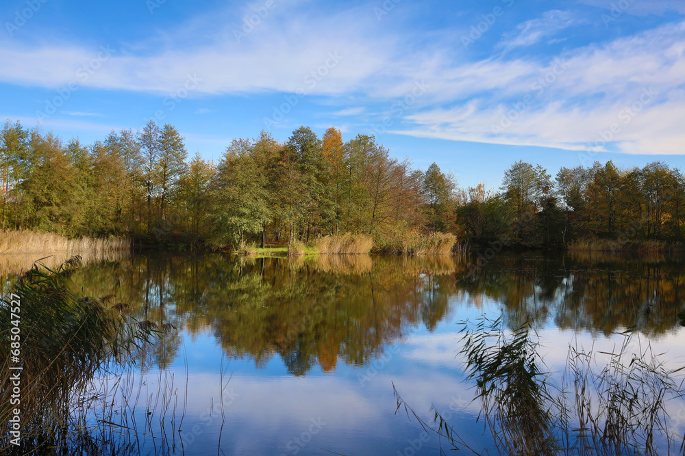 Beautiful autumn over a small lake on a sunny warm day